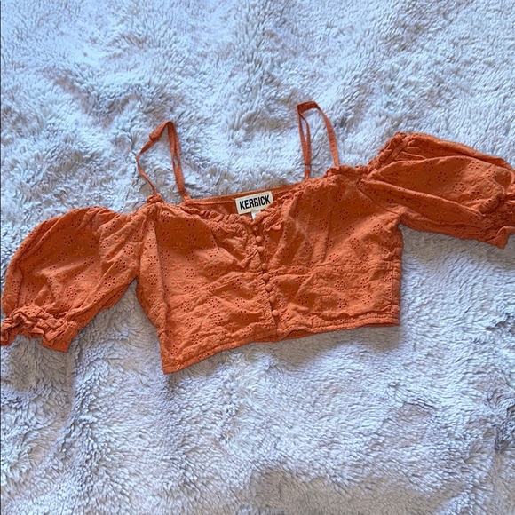 Kerrick Women's Orange Puff sleeve Eyelet Top - Picture 3 of 5